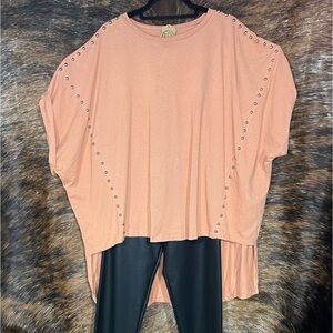Studded Short Sleeve Boxy High Low Shirt Peach